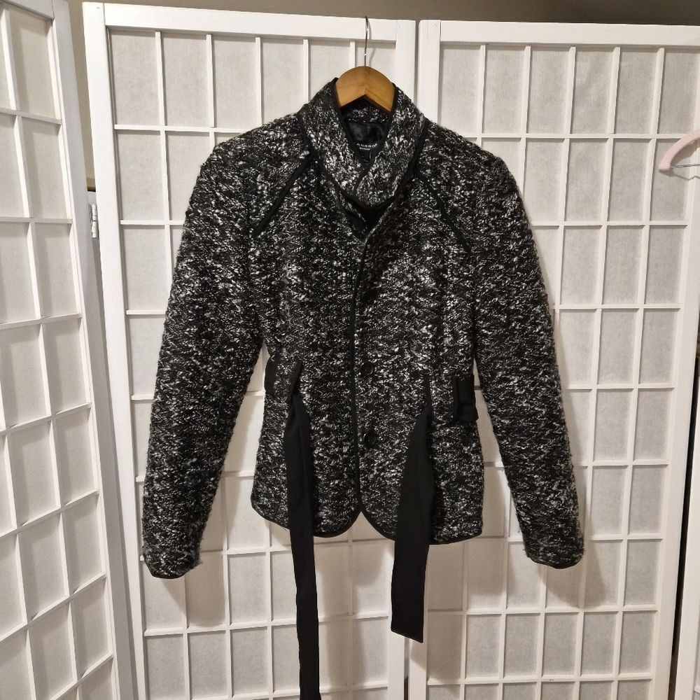 Sandro Black White Belted Coat Blazer Jacket Sz S - Picture 1 of 8